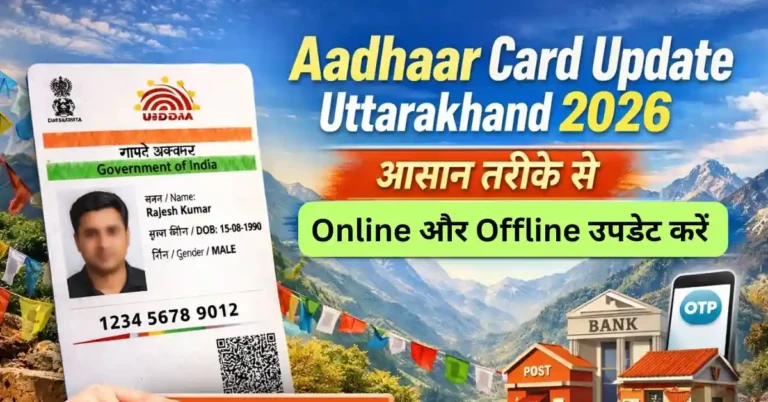 UIDAI Aadhaar Update Uttarakhand: व्यक्ति लैपटॉप पर UIDAI पोर्टल से Aadhaar कार्ड अपडेट कर रहा है, डिजिटल आइकन और दस्तावेज़ दिखते हुए।