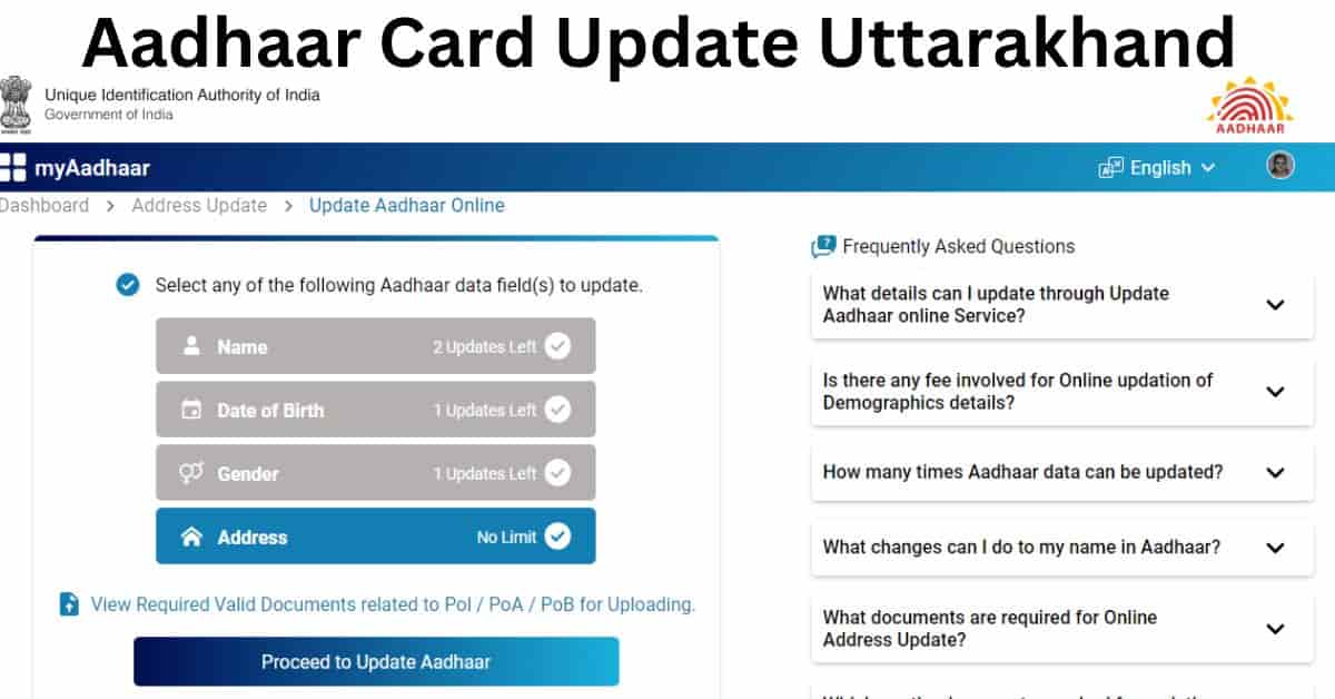 UIDAI Aadhaar Update Uttarakhand: Unique Identification Authority of India का लोगो और Aadhaar कार्ड के साथ व्यक्ति दस्तावेज चेक कर रहा है।